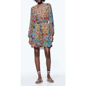 Zara Multicolor Paisley Long Sleeve Mini Dress Women's Small Boho Fit & Flare